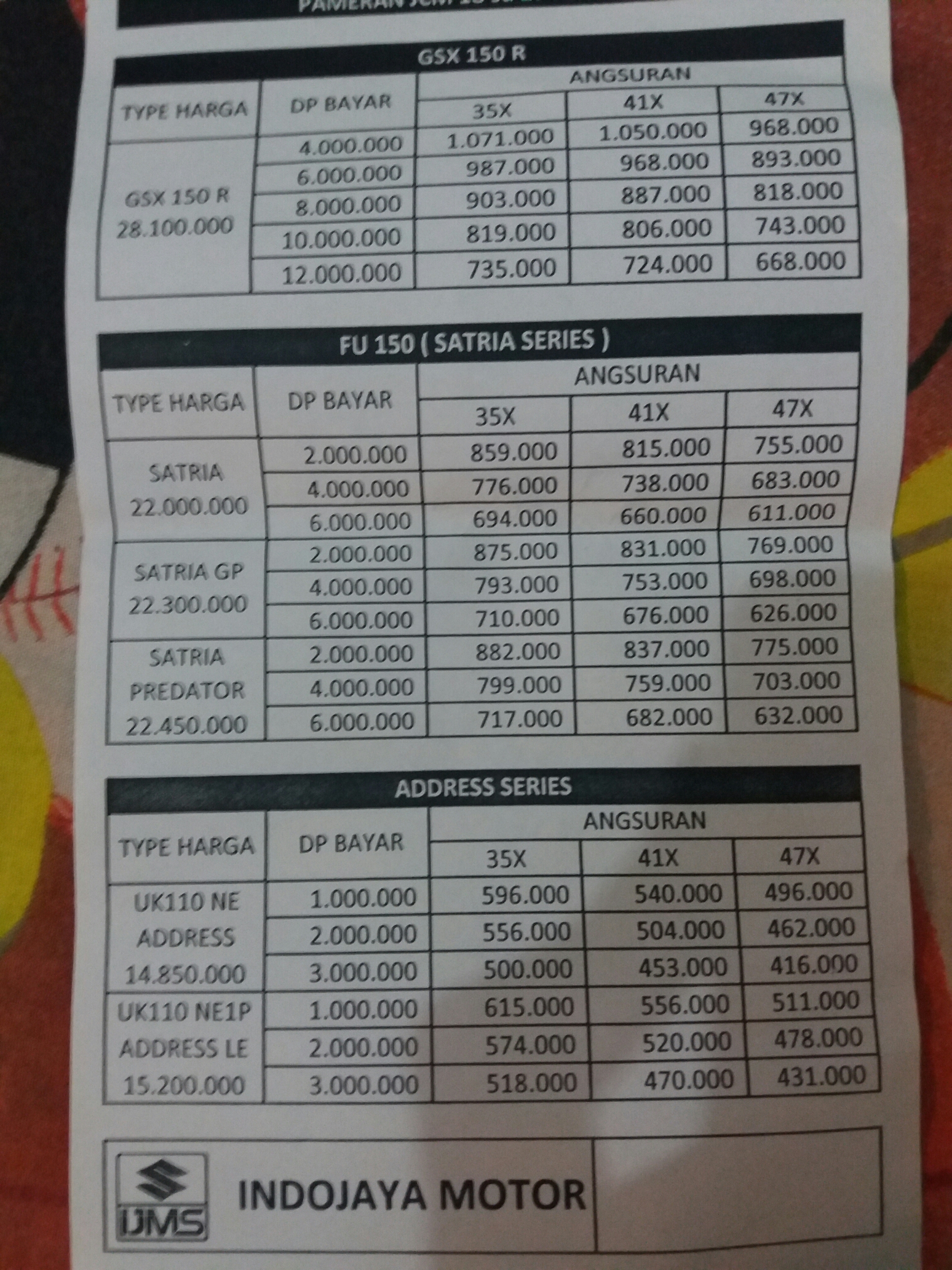 Suzuki Indojaya Jogja. Daftar harga motor suzuki Indojaya daerah Jogja