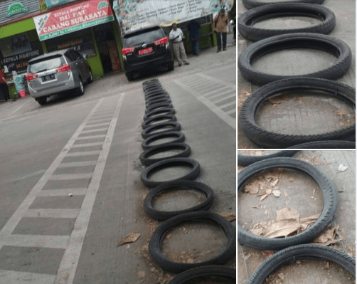 Polisi Tidur Dari Ban Bekas. Viral Polisi Tidur Memakai Ban Bekas “Bahaya Buat Pemotor