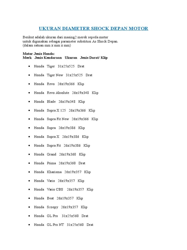 Ukuran Per Shock Depan Motor. Ukuran Diameter Shock Depan Motor