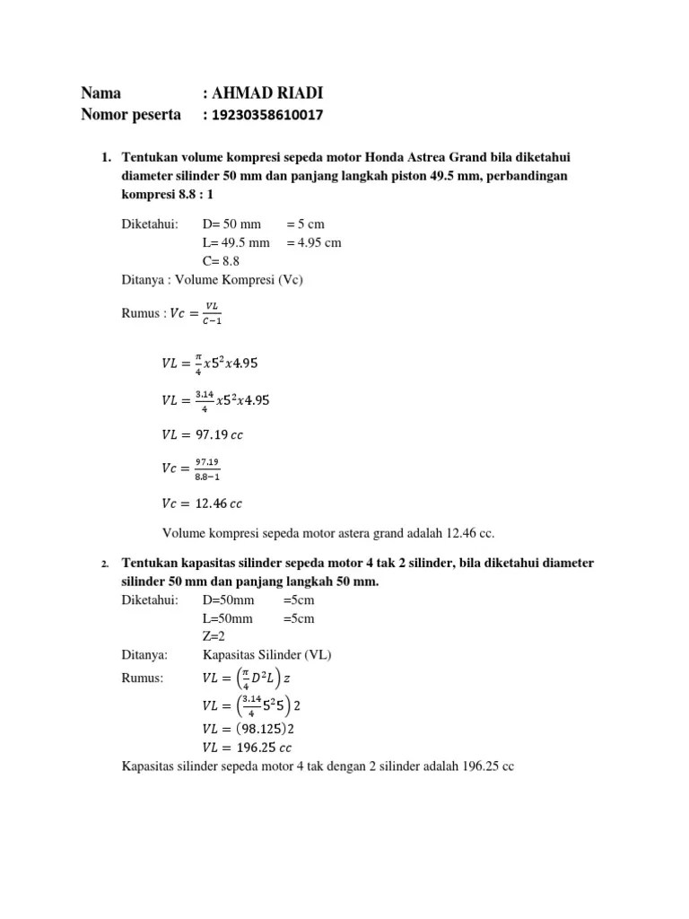 Sepeda Motor Grand. Tentukan Volume Kompresi Sepeda Motor Honda Astrea Grand Bila