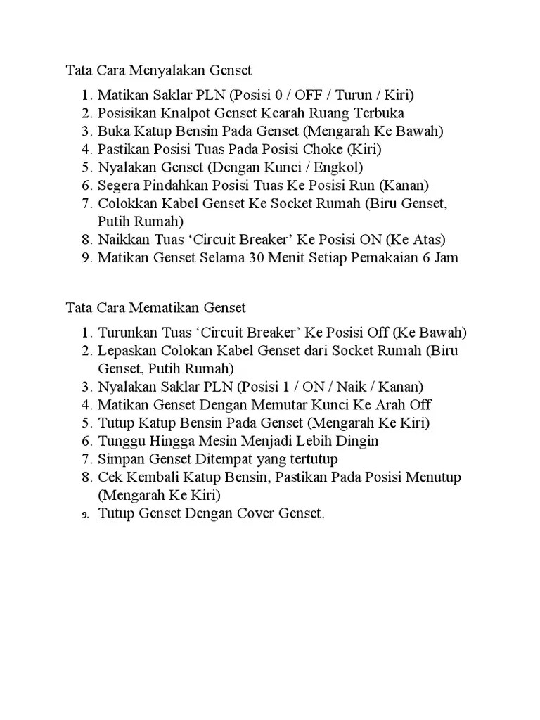 Cara Menyalakan Genset. Tata Cara Menyalakan Genset
