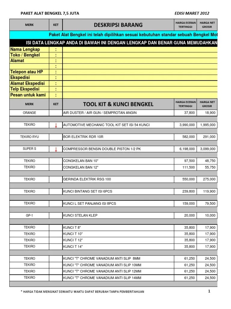 Peralatan Bengkel Dan Harganya. Daftar Harga Alat Bengkel