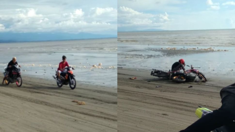 Vixion Ban Cacing. Kebut-kebutan di Pantai, Yamaha Vixion Ban Cacing Malah Tabrak