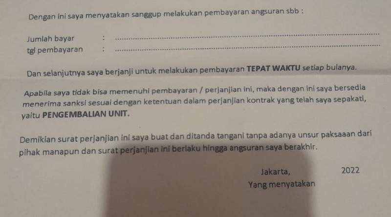 Surat Perjanjian Kredit Motor Fif. Telat 3 Hari Pembayaran Angsuran, Dipaksa Tandatangan Surat