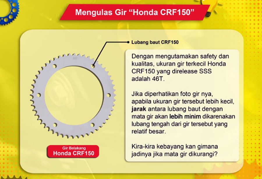 Ukuran Gear Belakang Paling Kecil. Catat! Gir SSS Honda CRF150 Paling Kecil Ukuran 46T, Begini